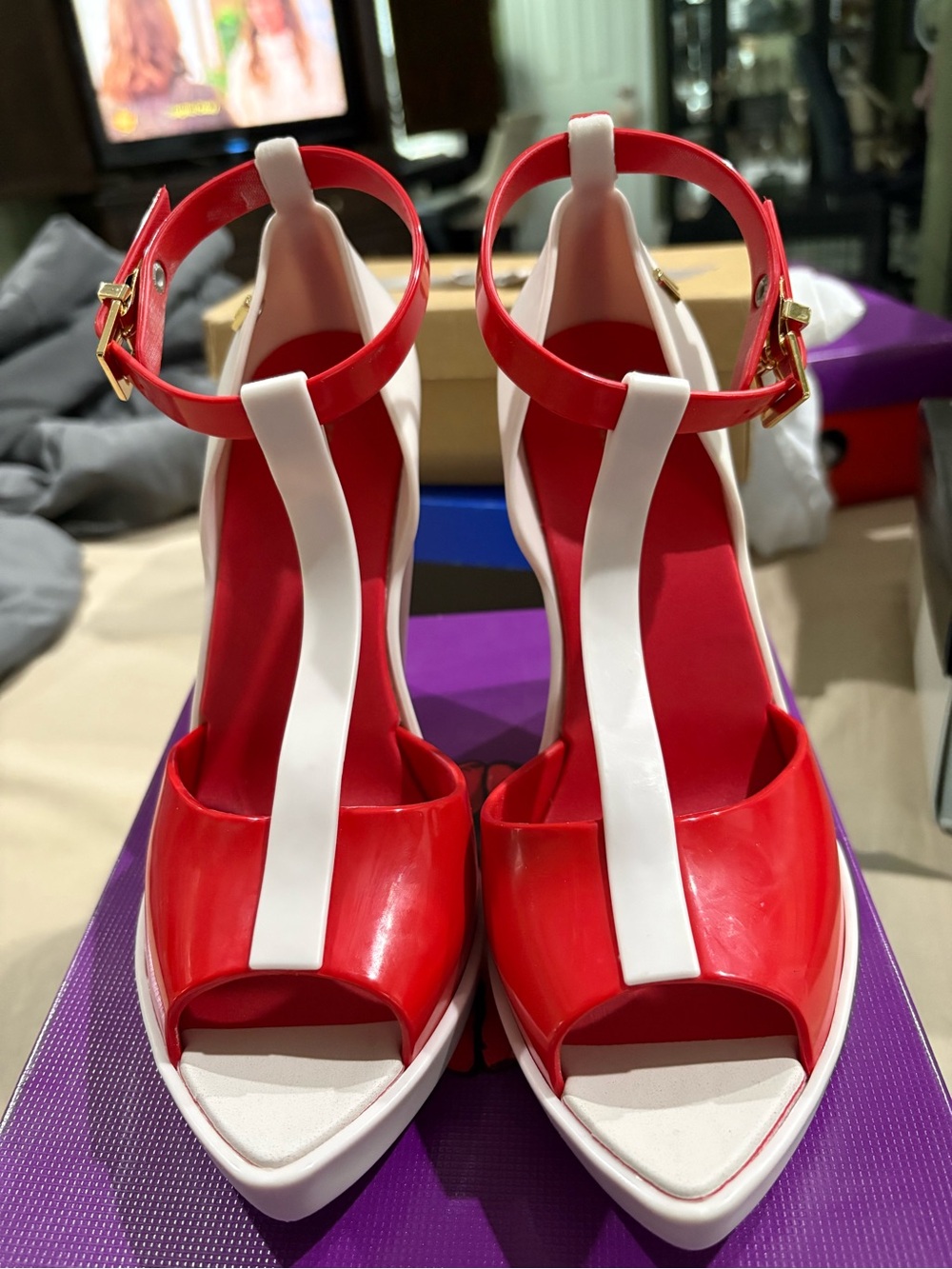 Melissa Shiny Orange Red and White T-Strap Peep-Toe Heels